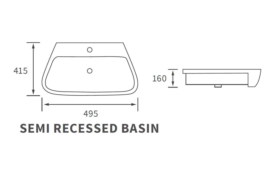 Calder Semi Recessed Basin - H 160 x W 495 x D 415mm