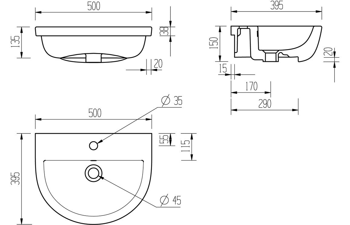 Cary 500x390mm 1TH Semi Recessed Basin