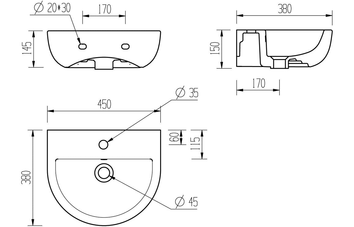 Cary Cloakroom Basin & Bottle Trap - H 150 x W 450 x D 400mm