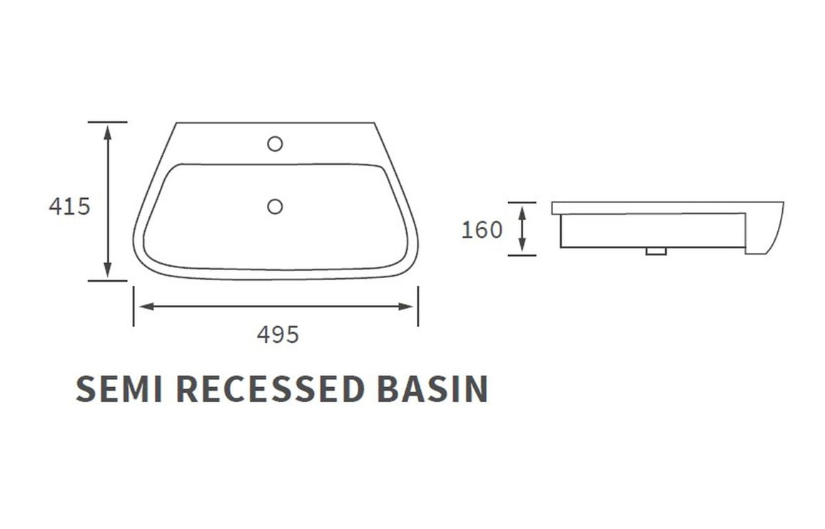 Afton Semi Recessed Basin - H 160 x W 495 x D 415mm