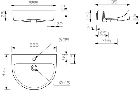 Ayr Semi Recessed Basin - H 185 x W 555 x D 435mm