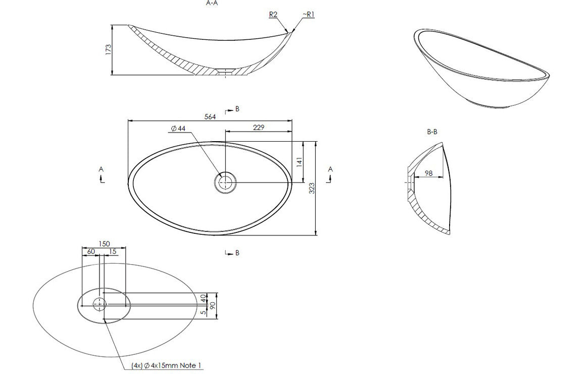 Allun Resin Washbowl - H 173 x W 564 x D 323mm