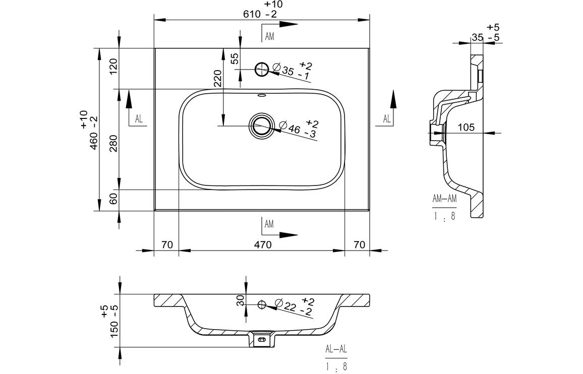 Greta Floor Standing 2 Door Basin Unit & Basin - H 848 x W 610 x D 460mm