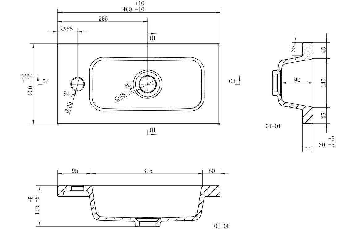 Slim Inset Basin - H 115 x W 450 x D 230mm