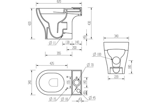 Dewey Rimless Short Projection Close Coupled Open Back WC & Soft Close Seat