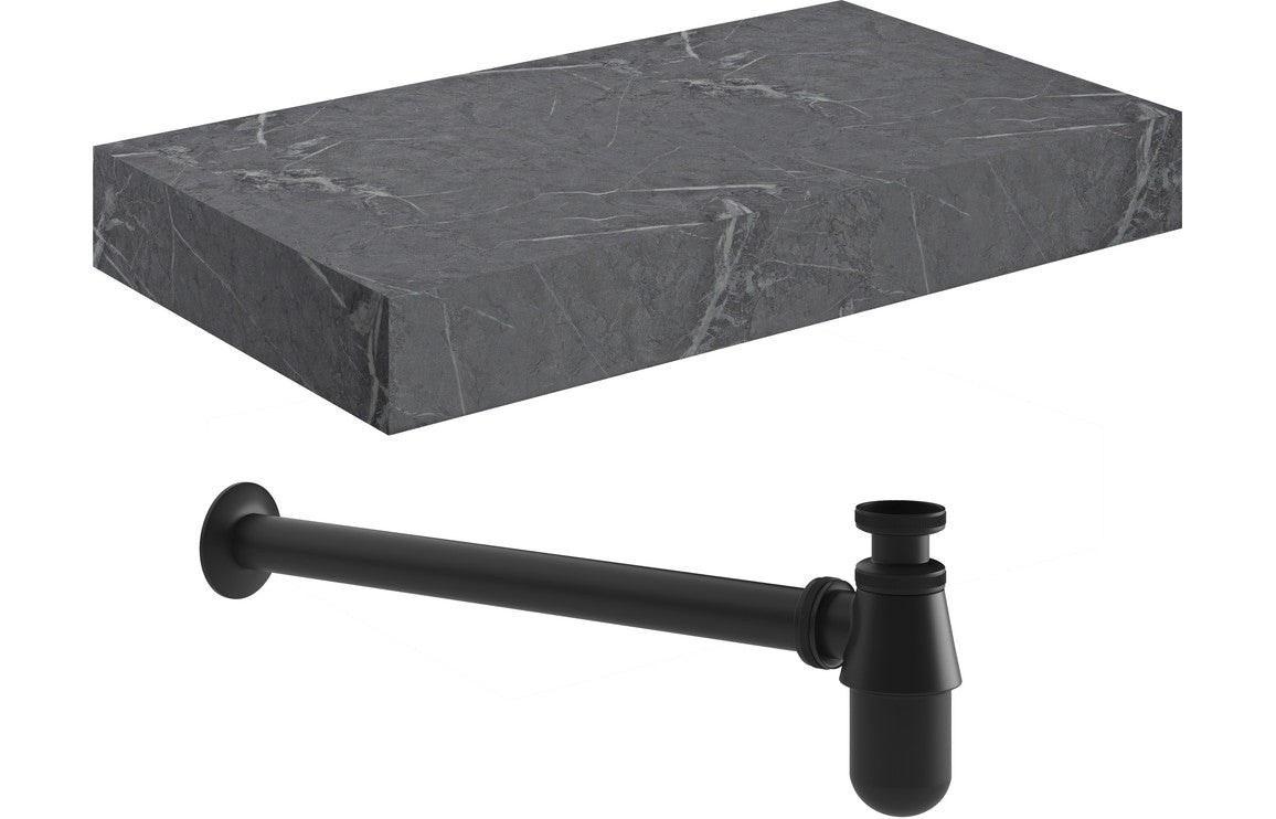 Lyne 800mm Wall Hung Grey Marble Basin Shelf & Bottle Trap