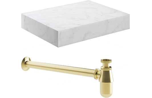 Lyne 600mm Wall Hung White Marble Basin Shelf &  Bottle Trap