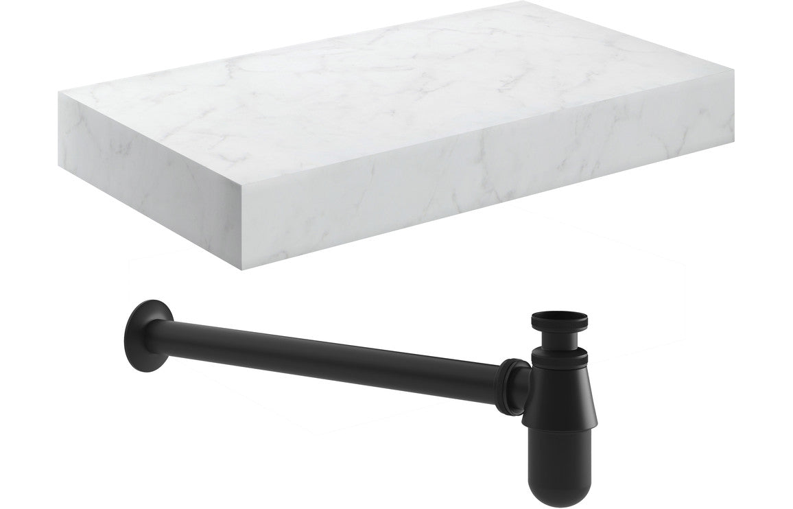 Lyne 800mm Wall Hung White Marble Basin Shelf &  Bottle Trap
