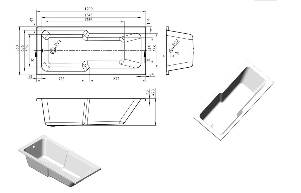 Alt Straight Shower Bath w/Legs - L 1700 x W 750 x H 550mm