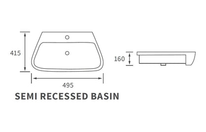 Calder Semi Recessed Basin - H 160 x W 495 x D 415mm