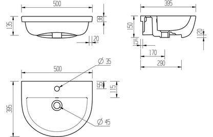 Cary 500x390mm 1TH Semi Recessed Basin