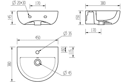 Cary 450x400mm 1TH Basin & Full Pedestal