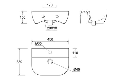 Beauly Cloakroom Basin & Bottle Trap - H 170 x W 450 x D 320mm