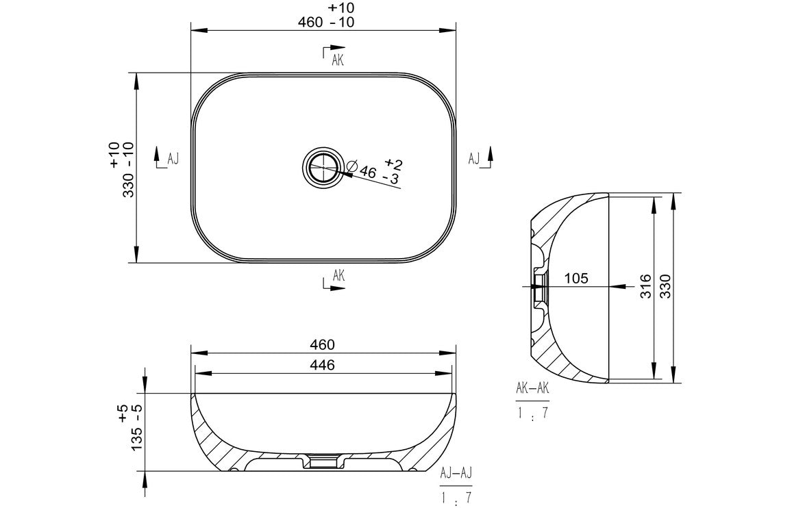 Arun Ceramic Washbowl - H 130 x W 460 x D 330mm