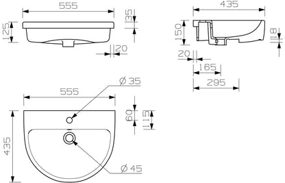 Ayr Semi Recessed Basin - H 185 x W 555 x D 435mm
