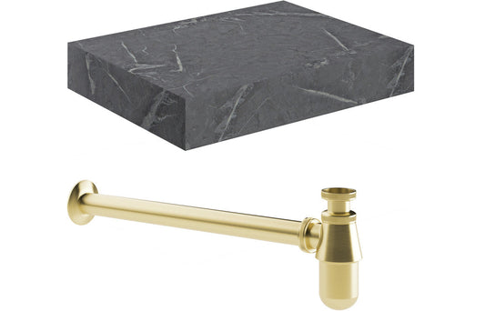 Lyne 600mm Wall Hung Grey Marble Basin Shelf & Bottle Trap