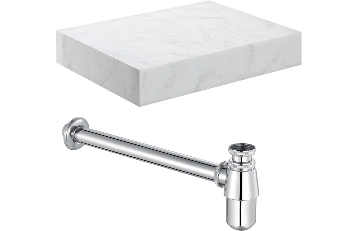 Lyne 600mm Wall Hung White Marble Basin Shelf &  Bottle Trap