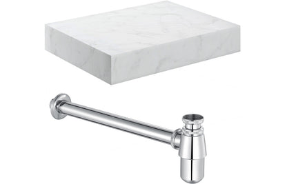 Lyne 600mm Wall Hung White Marble Basin Shelf &  Bottle Trap