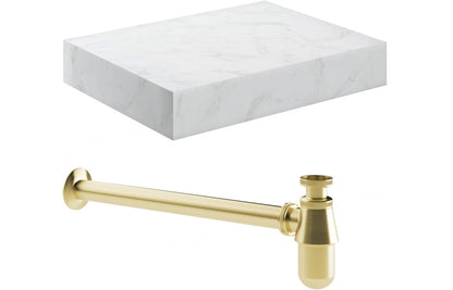 Lyne 600mm Wall Hung White Marble Basin Shelf &  Bottle Trap