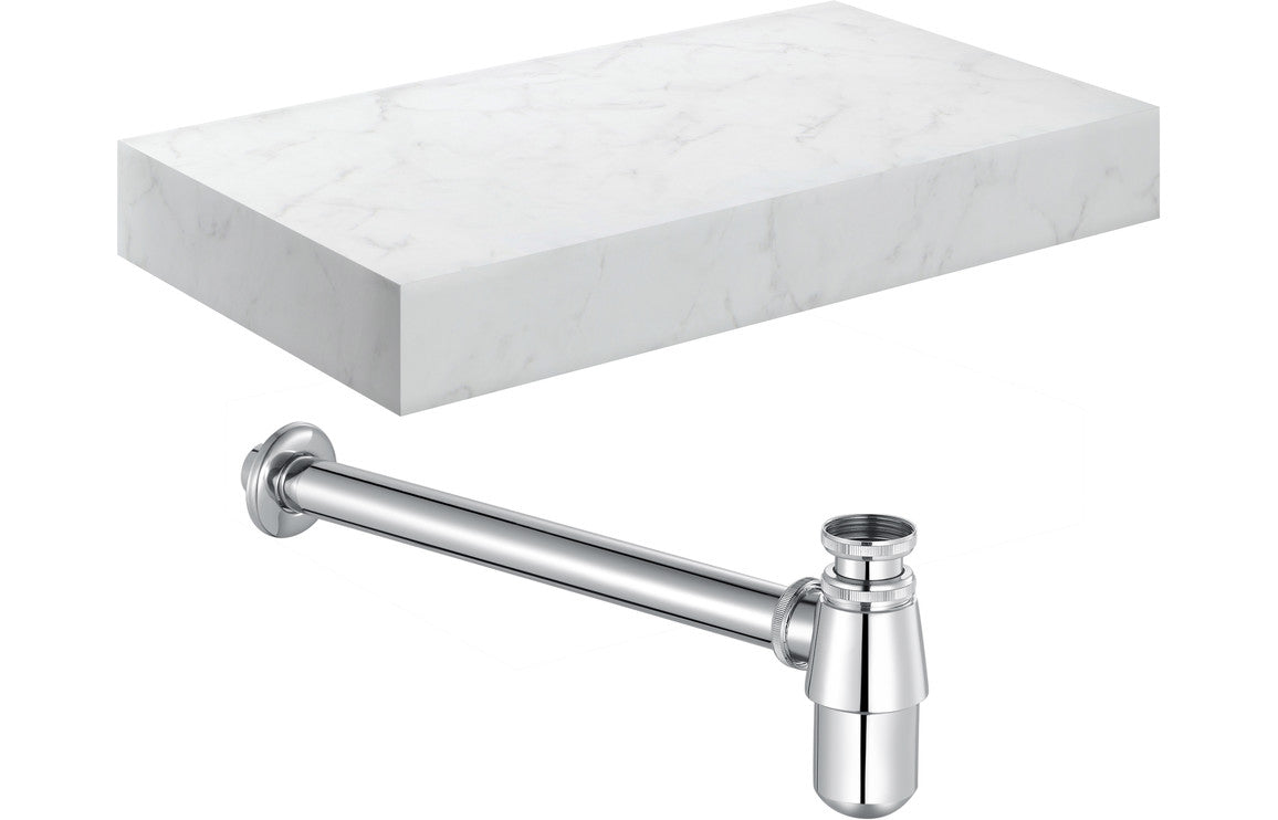Lyne 800mm Wall Hung White Marble Basin Shelf &  Bottle Trap