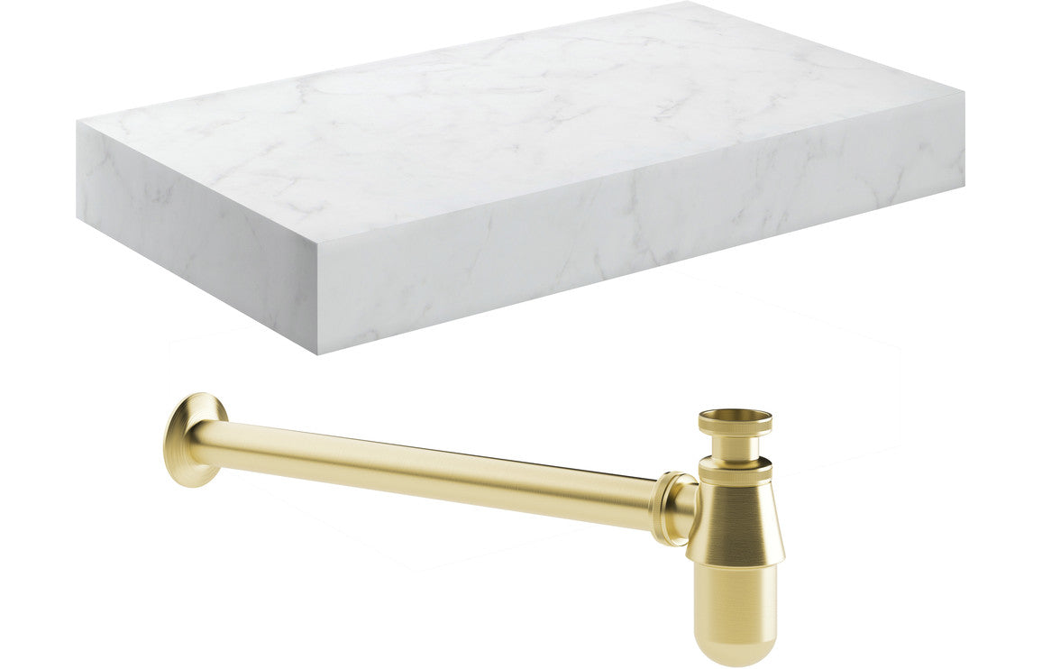 Lyne 800mm Wall Hung White Marble Basin Shelf &  Bottle Trap