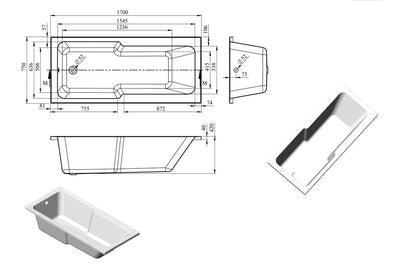 Alt Straight Shower Bath w/Legs -  L 1700 x W 750 x H 550mm