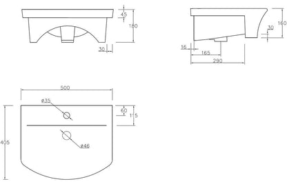 Averon Semi Recessed Basin - H 160 x W 500 x D 400mm
