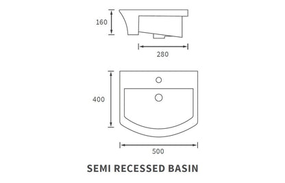 Averon Semi Recessed Basin - H 160 x W 500 x D 400mm