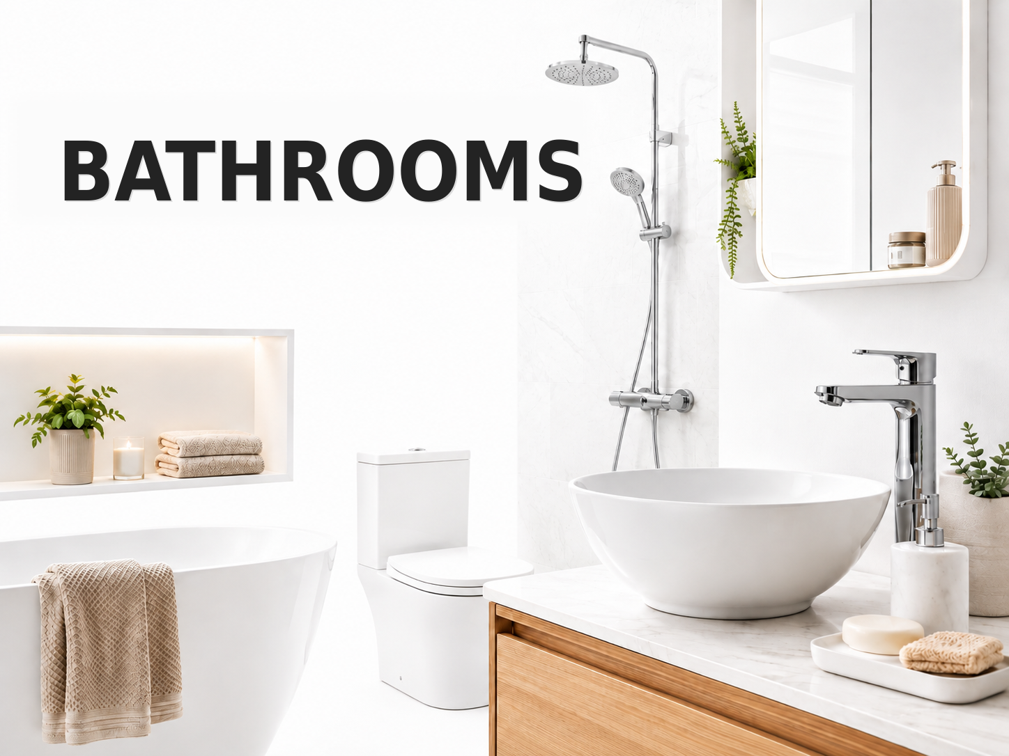 Modern bathroom products including bath, shower, basin and brassware