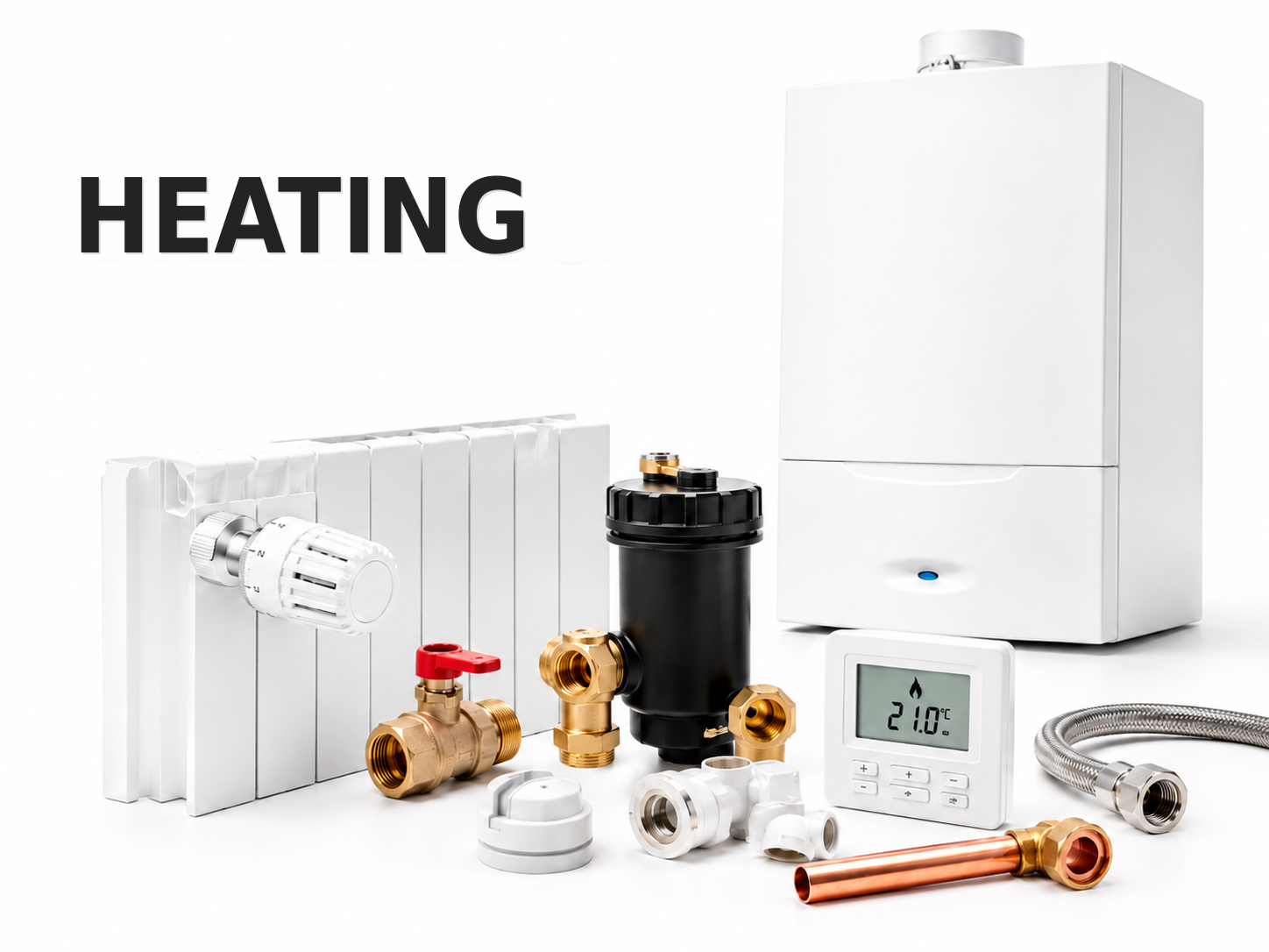 Heating products including a boiler, radiator, controls and fittings