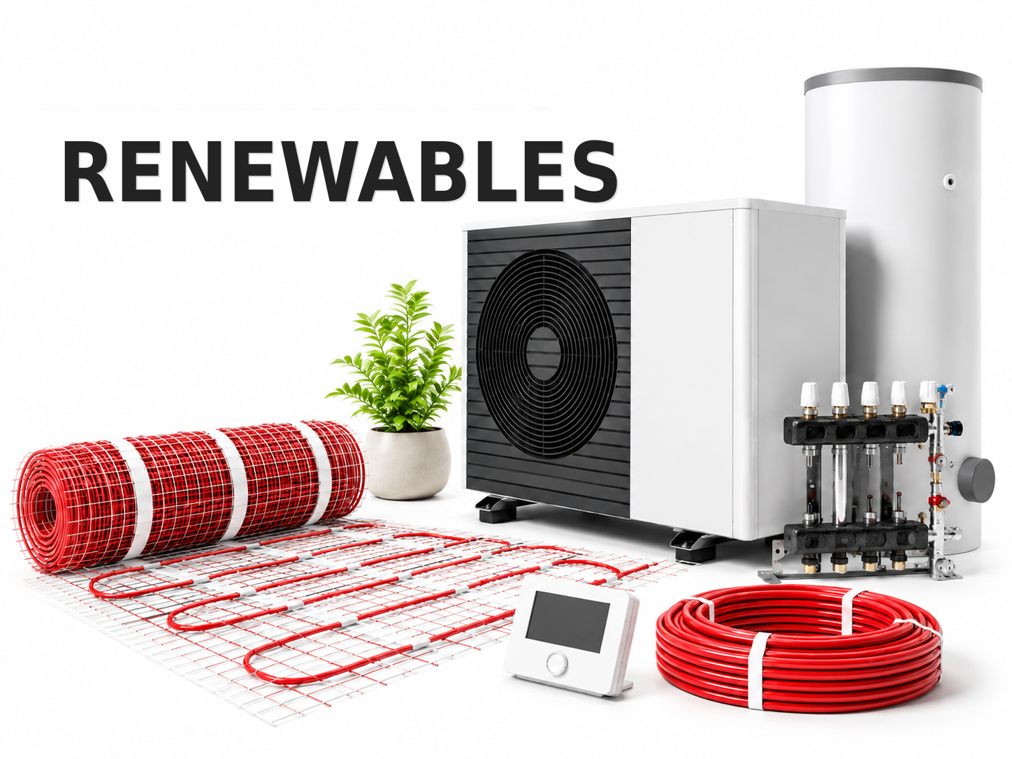 Renewable heating products including a heat pump and underfloor heating